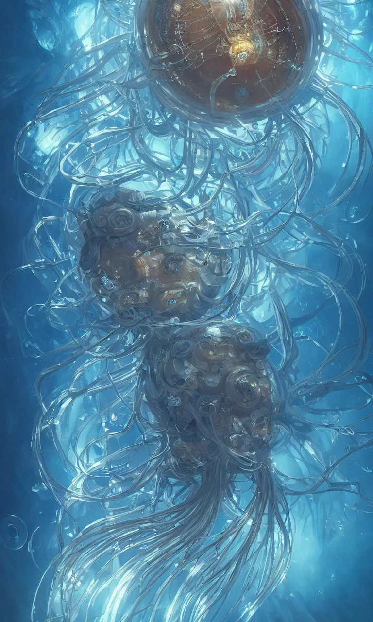 Image similar to hyper detailed painting of a cyberpunk jellyfish, blue tones, underwater, highly detailed, digital painting, artstation, concept art, smooth, sharp focus, illustration, art by artgerm and greg rutkowski and alphonse mucha