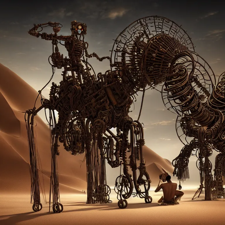 Image similar to A techno-magical shaman performs a ritual to resurrect a mechanical horse in a steely ancient ruin covered in dunes of sand. Masterpiece, fantasy art, future, cinematic, hyperdetailed, sigil, photorealistic, cyberpunk, postapocalyptic, steampunk, hyperrealism, octane rendering, 8k, depth of field, bokeh, shadows, art by Zdzisław Beksiński