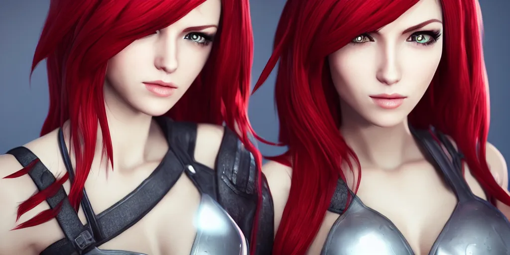 Image similar to Katarina from League of Legends, photorealistic studio portrait, studio lighting, unreal engine 5, hyperrealistic, dynamic lighting, white ambient background, realistic, highly detailed