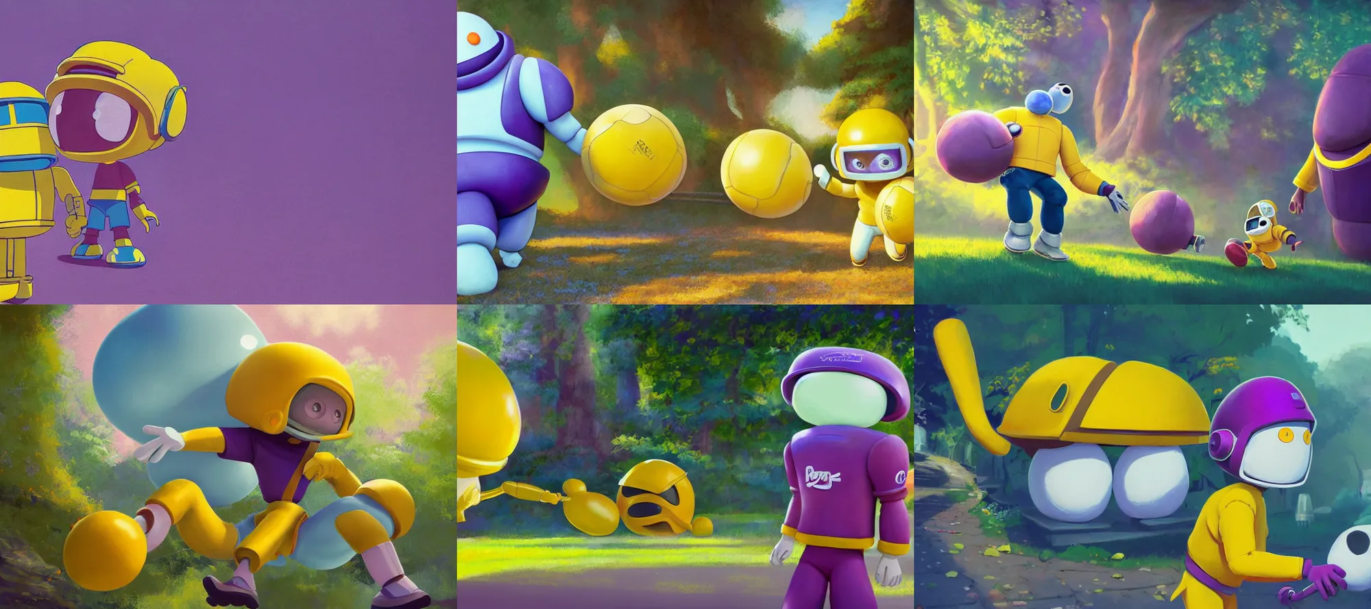 Prompt: animation key shot, color-key painting, uplifting, dappled light, morning, long shadows, bright bloom, bounce light, rough brush strokes, Daisuke Tsutsumi, Robert Kondo, baymax wearing commander keen costume, yellow football helmet and purple shirt, Pixar and Disney animation, cosy