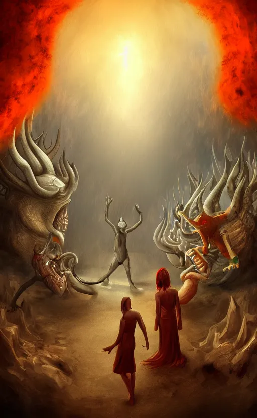 Image similar to Meeting God in hell, digital art, trending on art station