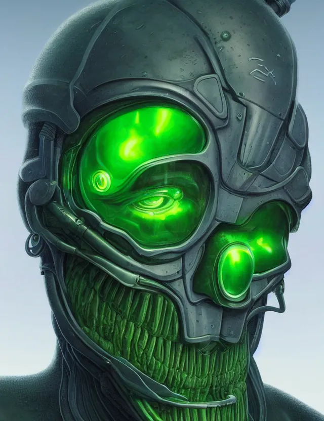 Image similar to a portrait of elon musk with green skin and mechanical gills, by moebius and tyler edlin and hr giger, trending on artstation, digital art, 4 k resolution, detailed, high quality, sharp focus, hq artwork, coherent, insane detail, concept art