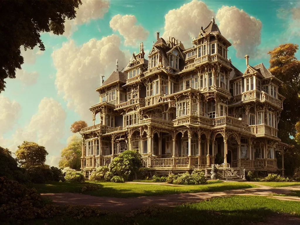 Image similar to gorgeous complex victorian mansion in a beautiful coastal landscape, sunny sky with fluffy clouds, iredescent soft glow bloom effect, dream - like, baroque portrait painting, perfect composition, beautiful detailed, intricate detailed octane render, unreal engine 5, trending on artstation, 8 k, chiaroscuro, masterpiece, raphael, caravaggio, beksinski, ghibli