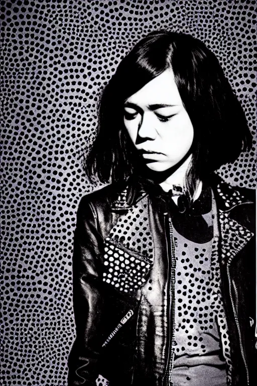 Image similar to dreamy rock girl, black leather jacket, detailed acrylic, grunge, perfect lighting. professional design. great composition, illustration by alex ross, yayoi kusama, peter lindbergh, 8 k