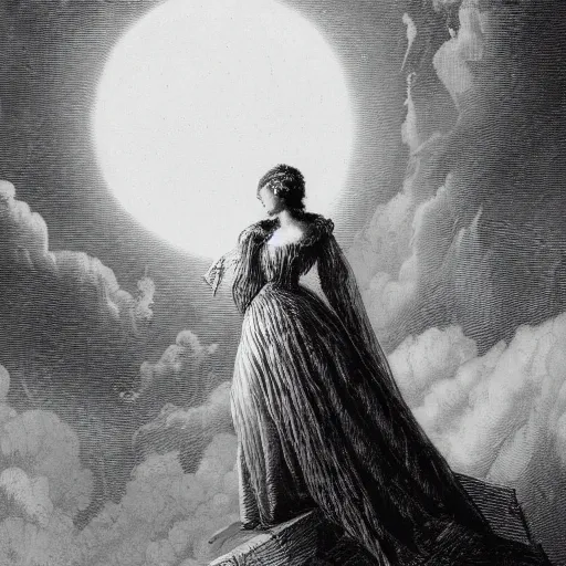 Image similar to side portrait of a victorian lady, widow, dramatic clouds, moon, depth, shadow, dramatic light, Chiaroscuro, illustration by Gustave Doré