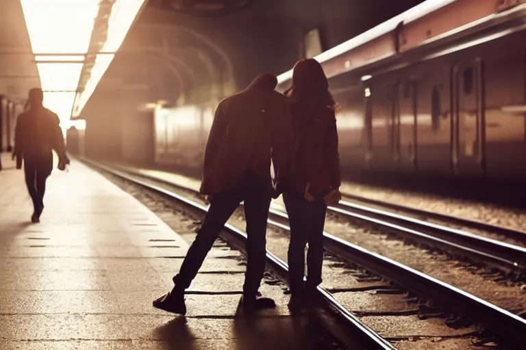 Prompt: vfx movie couple in a train station flat color profile low - key lighting cinematography atmospheric cool color - grade