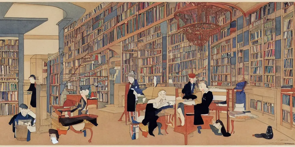 Image similar to cozy bookstore warm colors simple geometric watercolor painting george barbier