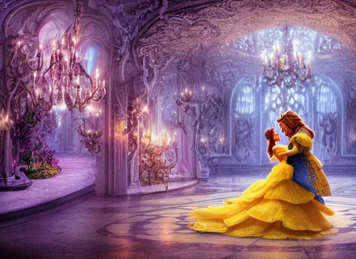 Prompt: digital art of beauty and the beast in the magical forest 4k