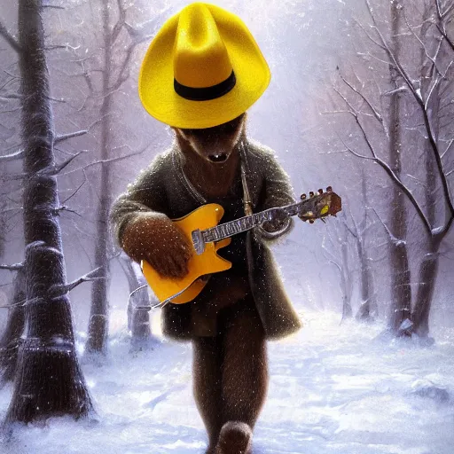 Prompt: smiling brown bear playing yellow Gibson Flying-V guitar in hat in winter at streets of Moscow, sharp focus, fantasy style, octane render, volumetric lighting, 8k high definition, by greg rutkowski, highly detailed, trending on art Station