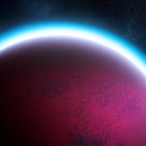 Image similar to a hospitable alien planet with red land and purple water viewed from space, 8 k, bright ambient lightning
