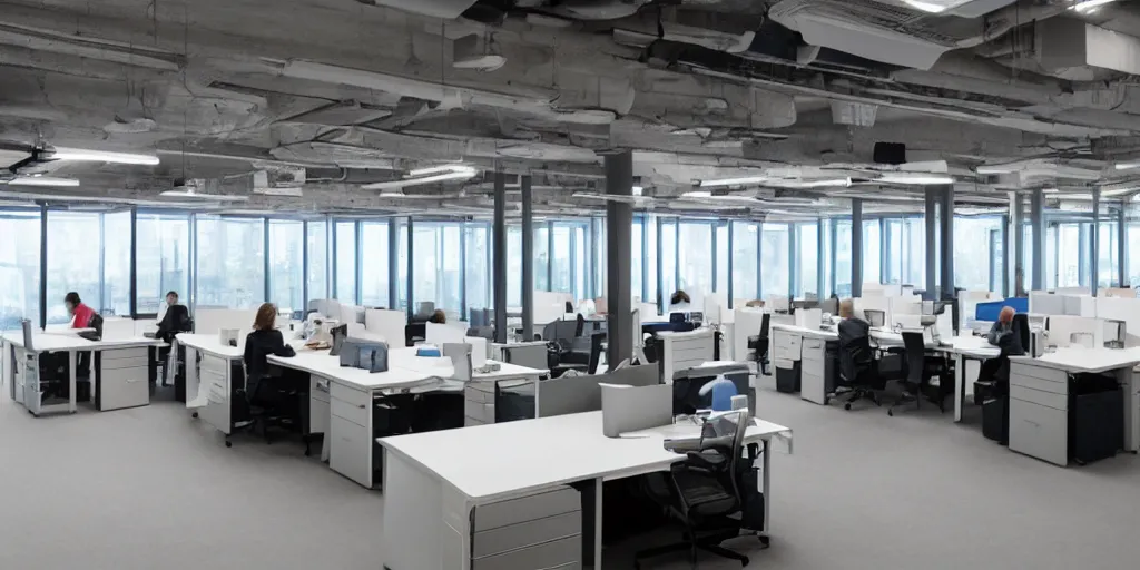 Prompt: wide lense view of open plan office, alienation in the modern age