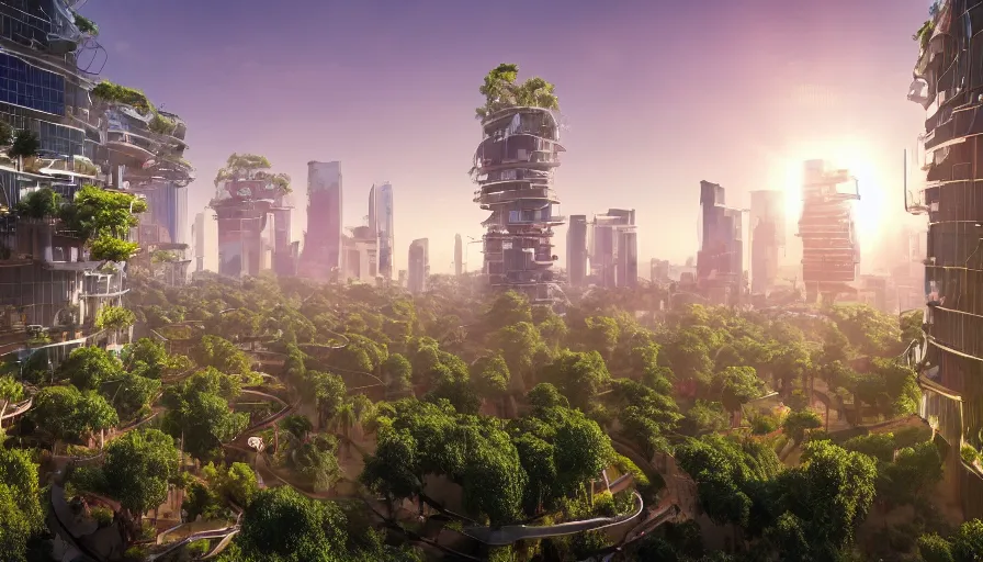 Sunrise over solarpunk city, many trees and plants,, Stable Diffusion