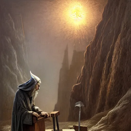 Image similar to gediminas pranckevicius the evil ian mckellen smithing on an anvil as gandalf in a dark viking hood playing odin all father crafting a neural network with golden synapses on an anvil with fire, highly detailed, cinematic shot, cinematic lighting, 8 k, exquisit facial detail, colored painting by gustave dore.