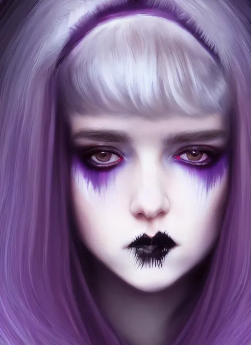 Image similar to portrait of white teenage girl, normal face, white bangs, mall goth, cyberlox, black and white hair, bangs, fluffy bangs, red contact lenses, purple lipstick, intricate, elegant, highly detailed, digital painting, artstation, concept art, sharp focus, smooth, illustration, art by wlop, mars ravelo and greg rutkowski