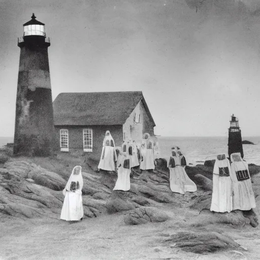 Image similar to worshippers dressed in robes belonging to the cult of the lighthouse. Dilapidated 1800s lighthouse. 1800s photo. Very detailed and clear image.