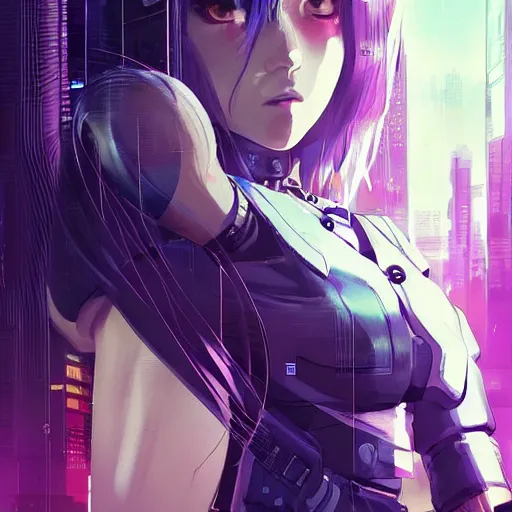 Image similar to A comic potrait of a cyberpunk cyborg girl with big and cute eyes, fine-face, realistic shaded perfect face, fine details. Night setting. Very anime style. Realistic shaded lighting poster by Ilya Kuvshinov katsuhiro, magali villeneuve, artgerm, Jeremy Lipkin and Michael Garmash, Rob Rey and Kentarõ Miura style, trending on art station