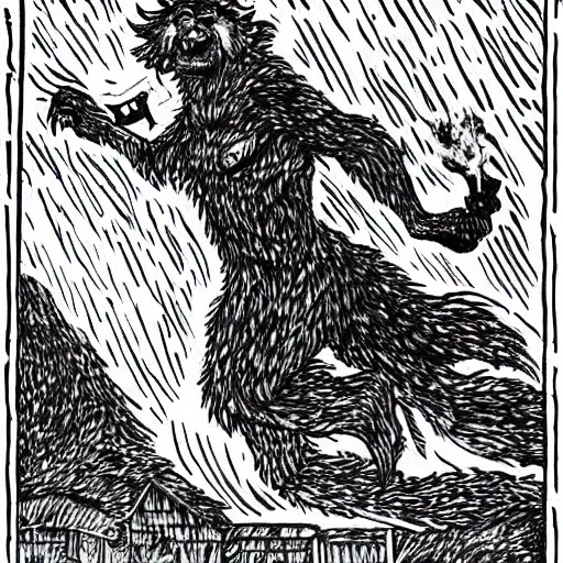 Prompt: a giant werewolf running after a little boy farmer holding a flaming torch toward a wheat field, an old wooden house in the background