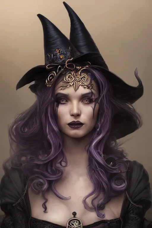 Image similar to an insanely detailed close up portrait of a beautiful witch standing in an alchemy lab, long purple hair, tightly fitting black ornate dress and black witch hat, in the style of peter mohrbacher, artgerm, dramatic lighting and composition, octane render, trending on artstation, concept art 8 k