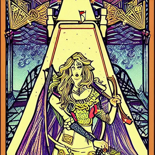 Image similar to tarot card style, lady luck on a tower, scales, sword, digital illustration, intricate, highly detailed, elegant, full color, cinematic lighting
