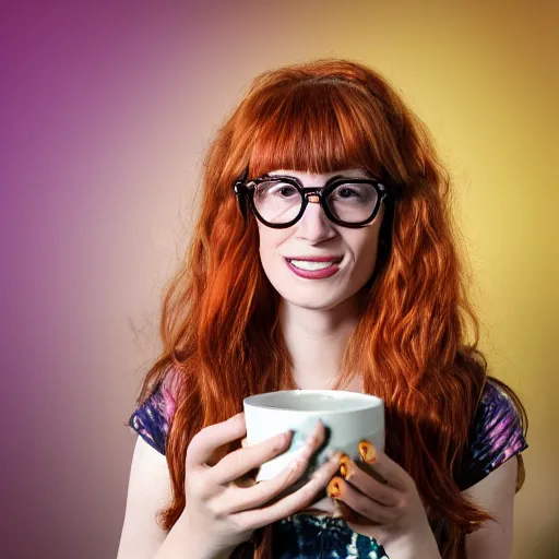 Image similar to a stunning hyper-detailed portrait photo of a beautiful smiling bespectacled woman with long auburn hair and bangs, wearing a tie-dye t-shirt, wearing steampunk headphones and posing with her raccoons and parrots in an overstuffed easy chair in her sunlit living room, holding a coffee cup and a donut and smoking an elaborate hookah, perfect eyes, octane render, unreal engine, 85 mm lens,