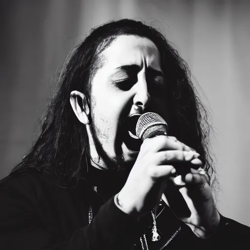 Prompt: black and white photographic portrait of daron malakian singing