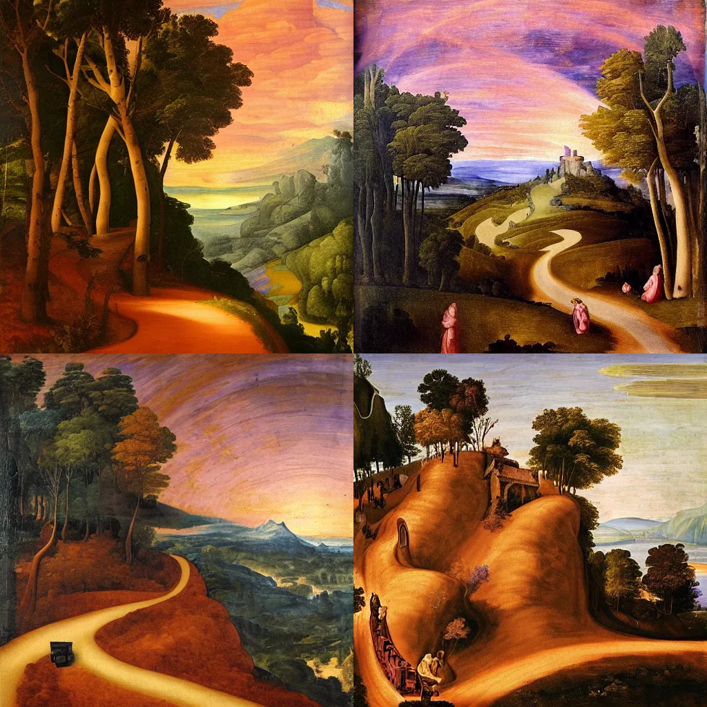 Prompt: renaissance painting of a steep and multiple curves path to a violet evil fantasy castle on a high dark blue hill at night, orange to pink gradient sky and thunderstorm background. forest underneath. glowing wagon on the path