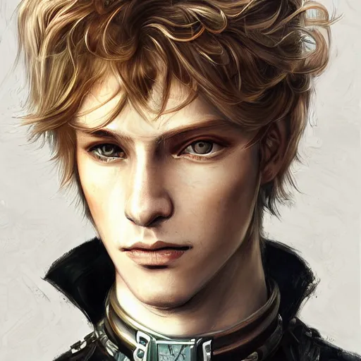 Image similar to portrait of a man by ayami kojima, norwegian, he is about 2 0 years old, blond short hair, tall and strong, older brother vibes, he is wearing a steampunk tactical gear, highly detailed portrait, digital painting, artstation, concept art, smooth, sharp foccus ilustration, artstation hq