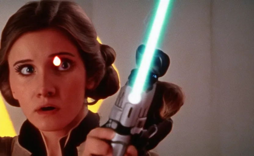 Image similar to screenshot portrait Leia training to use a yellow lightsaber at a new Jedi Temple scene from The Force Awkakens, 1970s film by Stanley Kubrick, serene, iconic scene, stunning cinematography, hyper detailed, sharp, anamorphic lenses, kodak color film, 4k