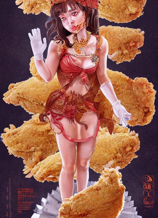 Image similar to the Goddess of Fried Chicken, detailed digital art, trending on Artstation