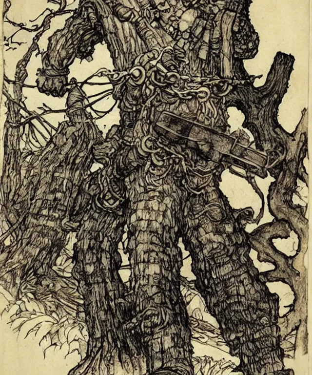 Image similar to Large chainsawheaded man-semichainsaw with chainsaws instead of hands dressed in chainsaws. Extremely high detailed, fine details, realistic, solo, masterpiece, art by Tatsuki Fujimoto, Arthur Rackham