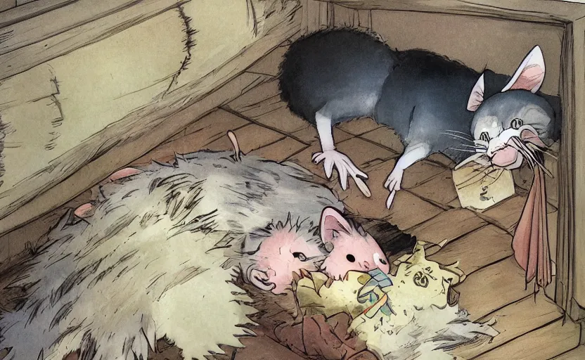 Image similar to the friendly feral rat awoke from its slumber beneath the bed frame, digital painting masterpiece, haunting beautiful brush strokes, painted by Moebius and Hayao Miyazaki and Akira Toriyama