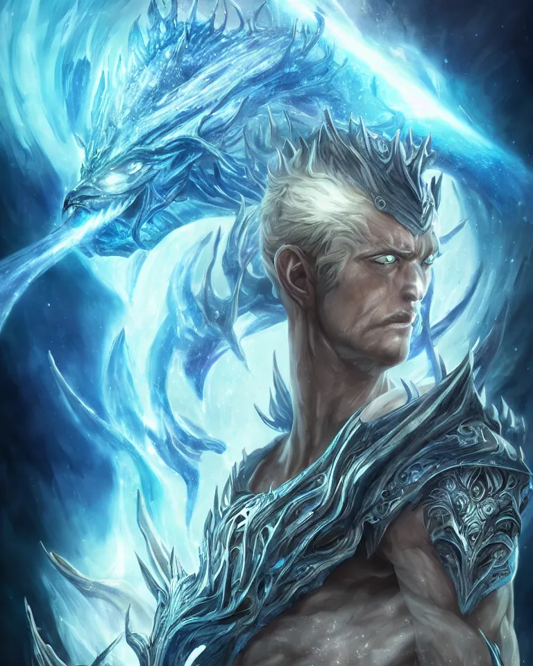 Image similar to beautiful cinematic fantasy poster, one individual demon king of water, beautiful glowing galaxy eyes, hybrid from The Elden Ring and art direction by Darius Zawadzki ;by artgerm; wayne reynolds art station; cinematic quality character render; low angle; ultra high quality model; production quality cinema model;