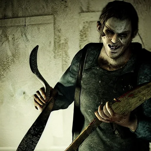 Image similar to jack baker from resident evil 7 ( 2 0 1 7 ) wielding axe, slasher smile, cinematic lighting, eerie atmosphere, re engine render, photorealistic face