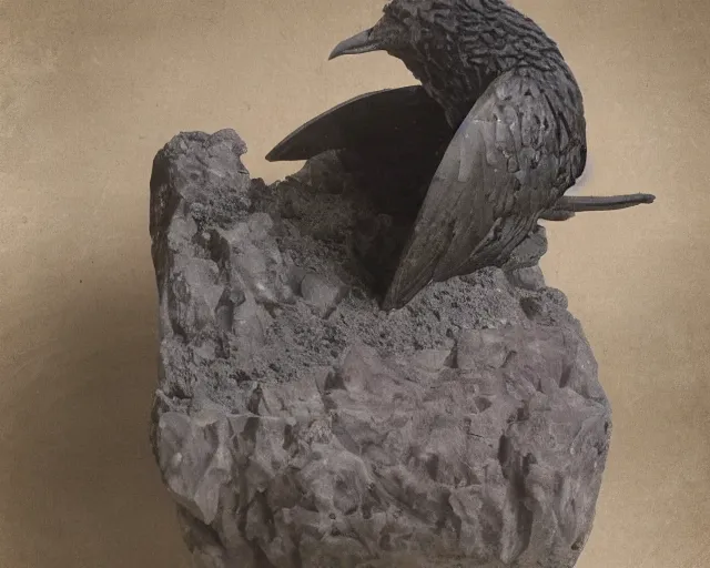 Prompt: a history textbook describing 'a rock table that's holding an ancient effigy of a raven', clay sculpture, photograph, zoomed out, trending on tumblr