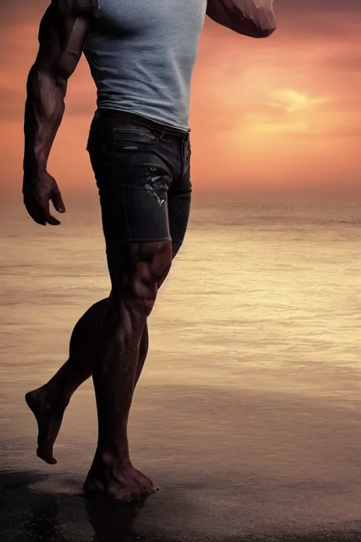 Image similar to a very muscular and defined man wearing ripped pants and shirt looking to the sea at sunset, godrays, complementary colors, natural lighting, portait image, path tracing, serene landscape, high quality, highly detailed, 8K, soft colors, warm colors, turbulent sea, high coherence, anatomically correct, hyperrealistic, concept art, defined face, five fingers, looking to the camera