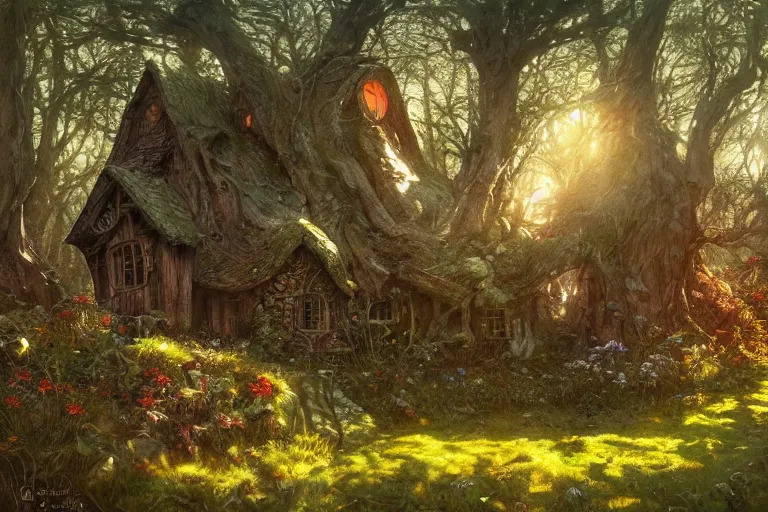 Prompt: wide angle view, a beautiful digital painting of a fairy house in plains, bright sunny day, woodline, magical, by greg rutkowski, brian froud, marc simonetti, jean - baptiste monge, mucha, symmetry, complementary colors, ink illustration, trending on artstation