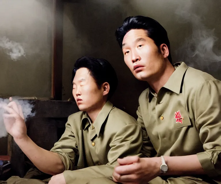 Image similar to hyperralism pineapple express movie still photography of real detailed north korean kim chen with detailed face smoking detailed weed in basement bedroom photography by araki nobuyoshi