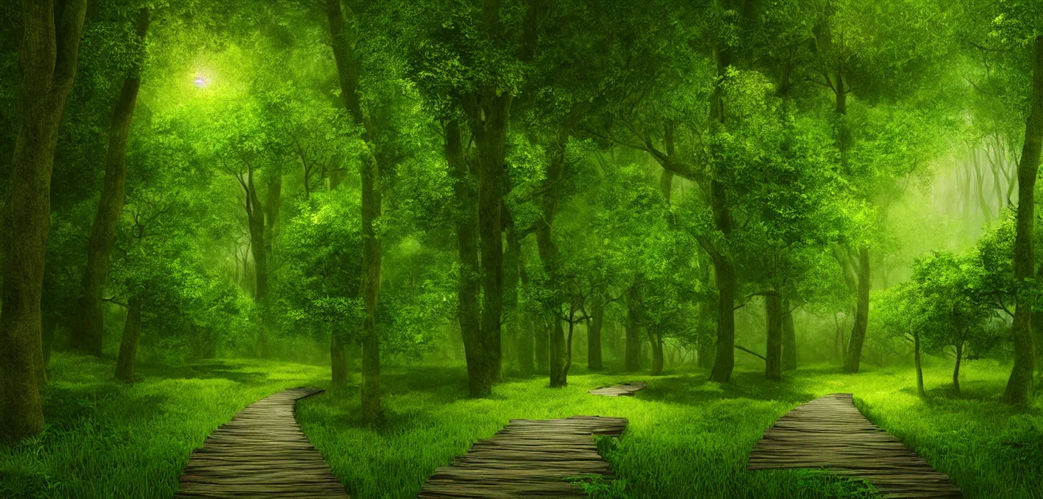 Image similar to a wooden path in the middle of a lush green forest octane render, a detailed matte painting by john eyre, shutterstock contest winner, art magical realism, enchanting, matte painting, mystical, vector style