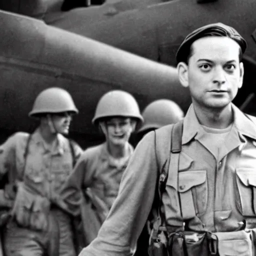 Prompt: tobey maguire dressed as a us ww 2 army soldier during the battle of midway, highly detailed, cinematic lighting, photorealistic