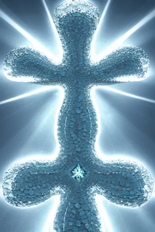 Prompt: a crystalline 3 d mandelbulb fractal in the shape of a christian cross, bioluminescent opal, fractal, magnificent lighting, ethereal, ray tracing, octane, holographic