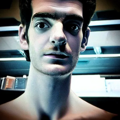 Image similar to “a realistic detailed photo of a guy who is an attractive humanoid who is half robot and half humanoid, who is a male android, Andrew Garfield, shiny skin, posing like a statue, blank stare”