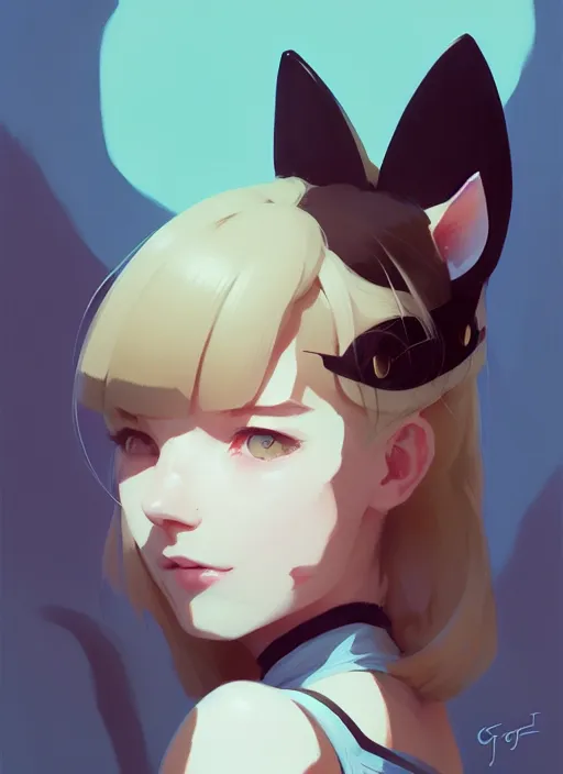 Image similar to portrait of cute catgirl with cat ears, by atey ghailan, by greg rutkowski, by greg tocchini, by james gilleard, by joe gb fenton, by in kaethe butcher, dynamic lighting, gradient light blue, brown, blonde cream and white color in scheme, grunge aesthetic