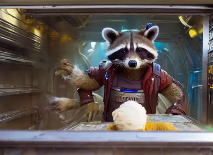 Image similar to film still of Rocket Racoon working in an ice cream truck in the new Guardians of the Galaxy movie, 4k