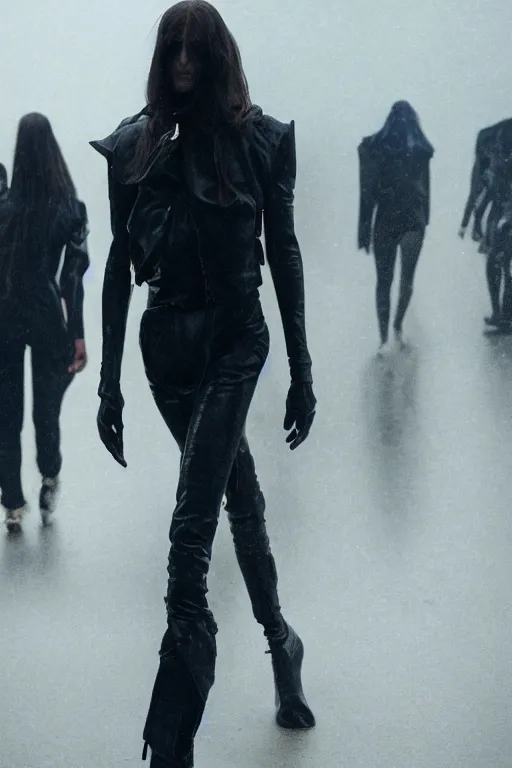 Prompt: photo quality, 8 k, walking through a storm, rick owens, high fashion, blonde long haired female model, ex machina