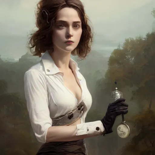 Image similar to a woman wearing a whiteblouse with a lether vest and some gloves, Matte painting , detailed painting, greg rutkowski