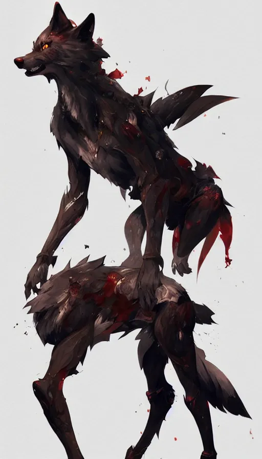 Image similar to concept art of anthropomorphized wolf fullbody, night themed, highly detailed painting by dustin nguyen, akihiko yoshida, greg tocchini, 4 k, trending on artstation, 8 k