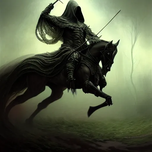 Image similar to concept art by artgerm, pestilence of the four horsemen of the apocalypse, soft green natural light, intricate, hooded death riding a horse, highly detailed dark art, digital painting, artstation, concept art, smooth, sharp focus, illustration, art by greg rutkowski and luis rollo and uang guangjian and gil elvgren, symmetry!