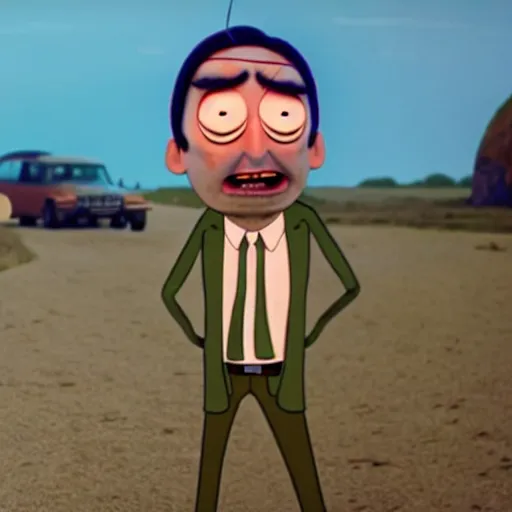 Image similar to mr. bean as rick sanchez from rick n morty. movie still. cinematic lighting.