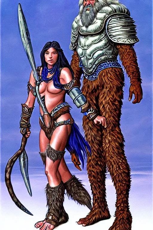 Image similar to a small blue-skinned triton girl wearing scale armor riding on a the shoulders of a large male goliath wearing fur and leather armor, dnd concept art, painting by Larry Elmore