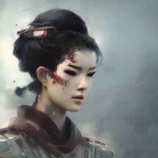 Image similar to portrait of a geisha robot by greg rutkowski and ruan jia, mecha, washed colors, dark, gloomy, matte painting, unreal engine 5